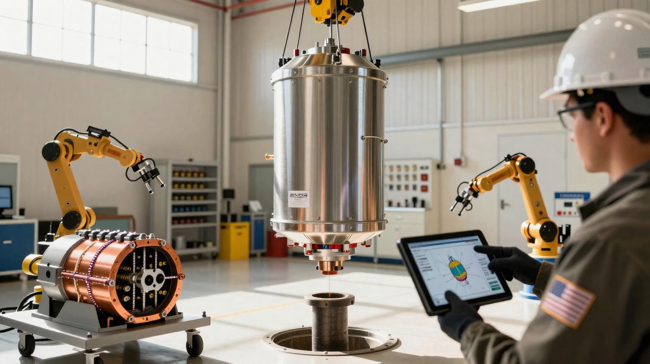Técnico em capacete controla dispositivo no tablet enquanto robôs manipulam equipamento em laboratório industrial.
