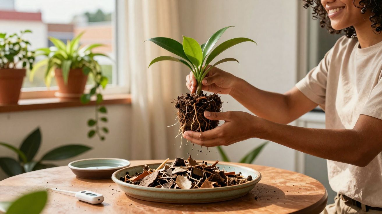 Pessoa a transplantar planta jovem num interior com luz natural e plantas em vasos ao fundo.