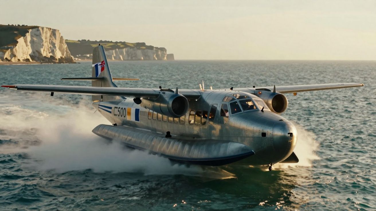 Avião anfíbio a descolar da água com falésias ao fundo durante o pôr do sol.