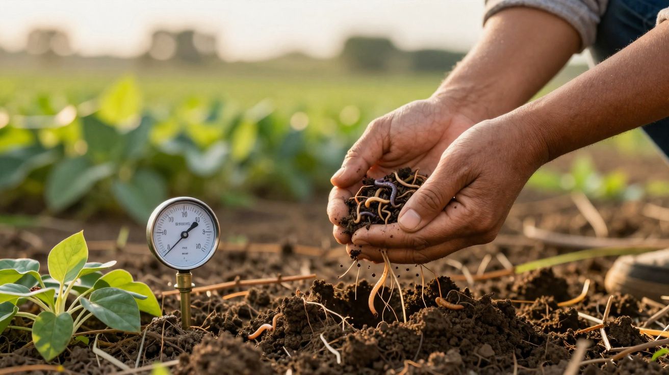 Mãos seguram minhocas e terra num campo cultivado, com um medidor de umidade no solo ao lado.