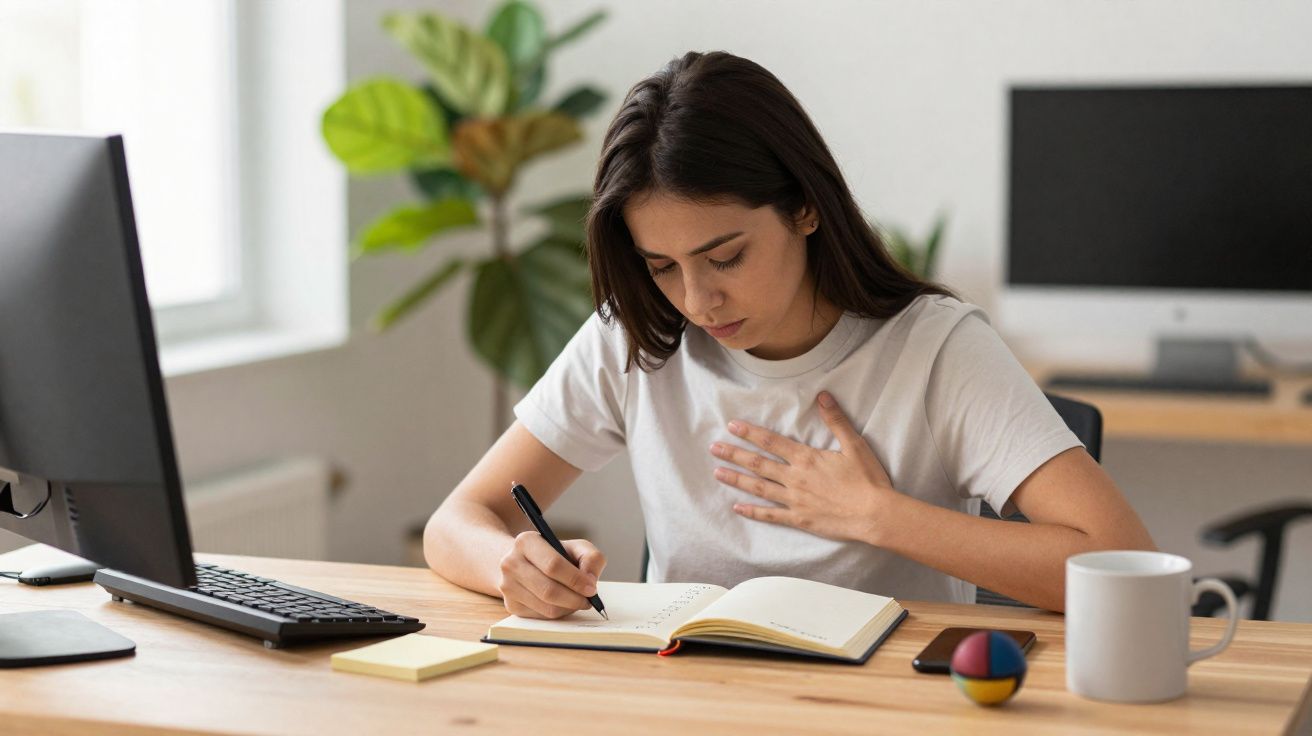 Mulher sentada a escrever num caderno, com uma mão no peito, num ambiente de escritório com computador e caneca.