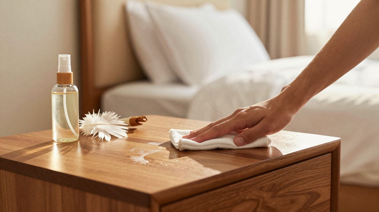 Mão a limpar móvel de madeira com pano branco, spray e flor decorativa sobre a mesa ao lado da cama.