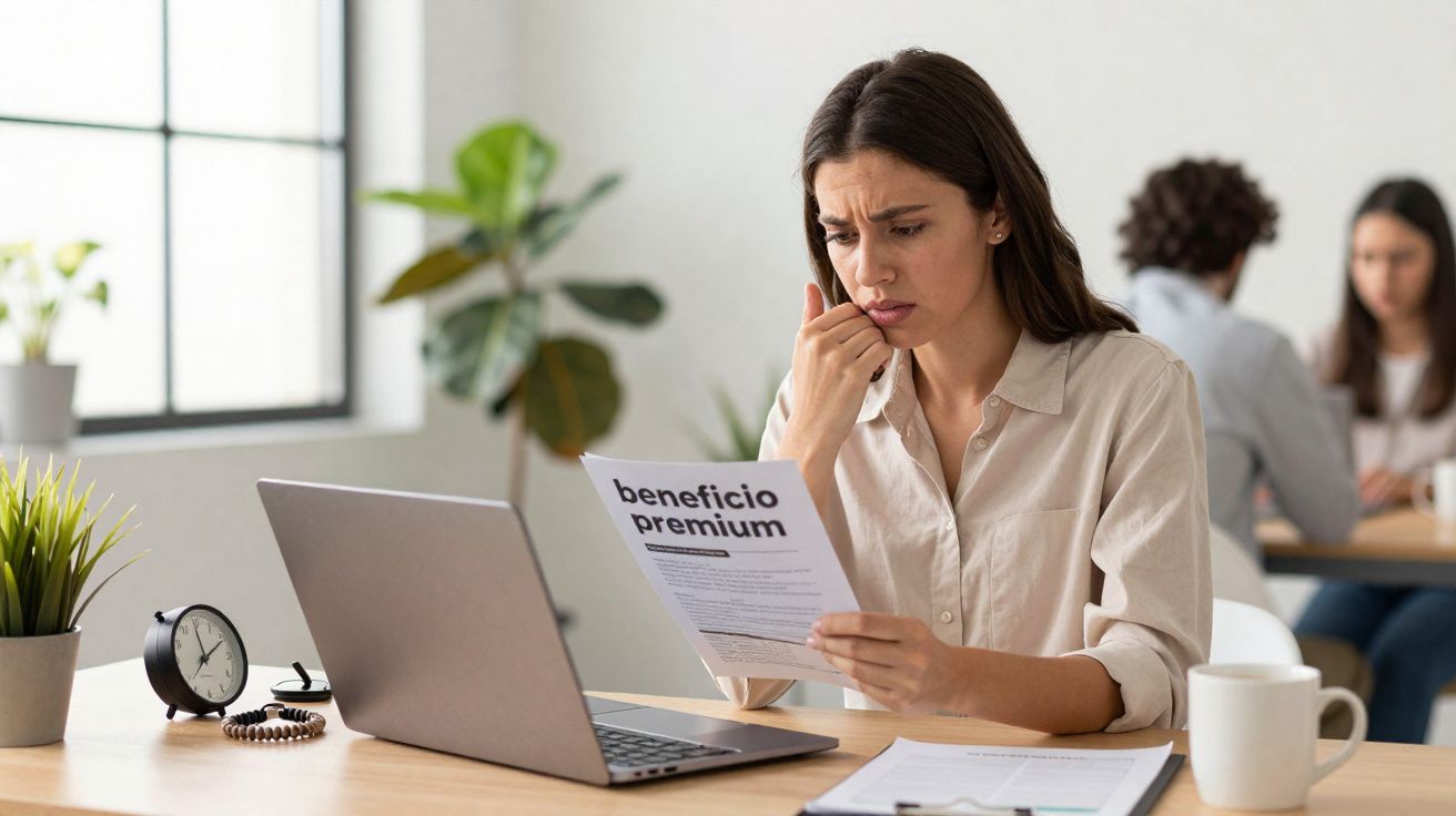 Mulher preocupada lê documento de benefício premium num escritório com computador e plantas na mesa.