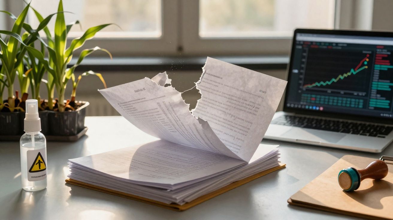 Pilha de documentos com uma página rasgada, perto de um computador portátil com gráfico e plantas em vaso numa secretária.