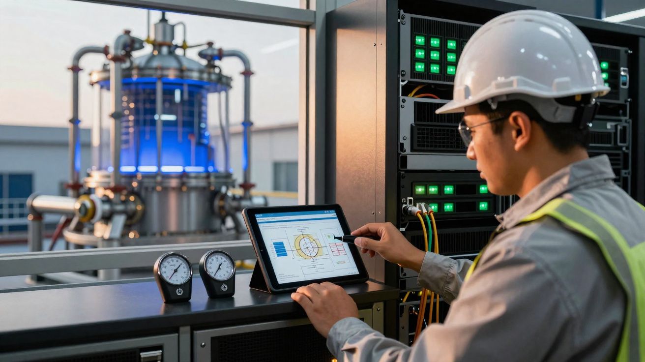 Técnico com capacete a analisar dados num tablet numa sala de controlo industrial com maquinaria ao fundo.