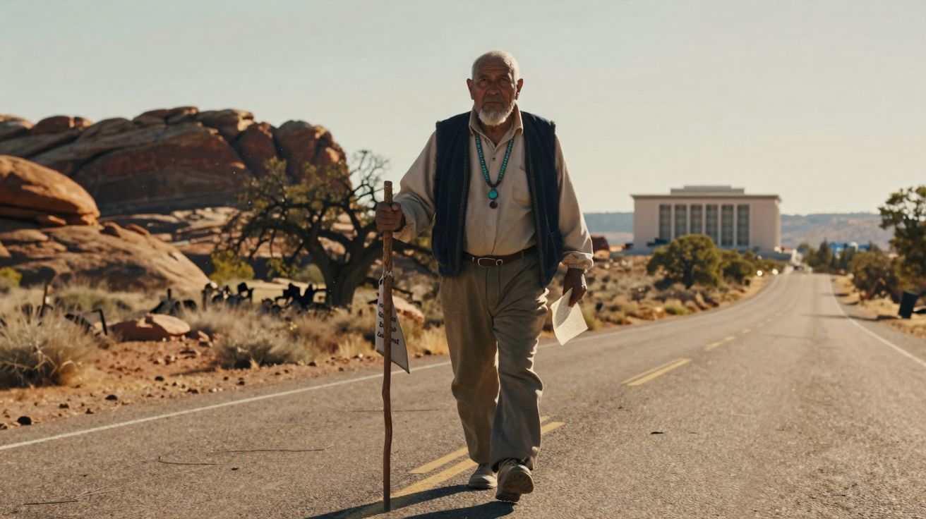 Homem idoso caminha numa estrada deserta com cajado e papel, cenário com árvores e edifício ao fundo.