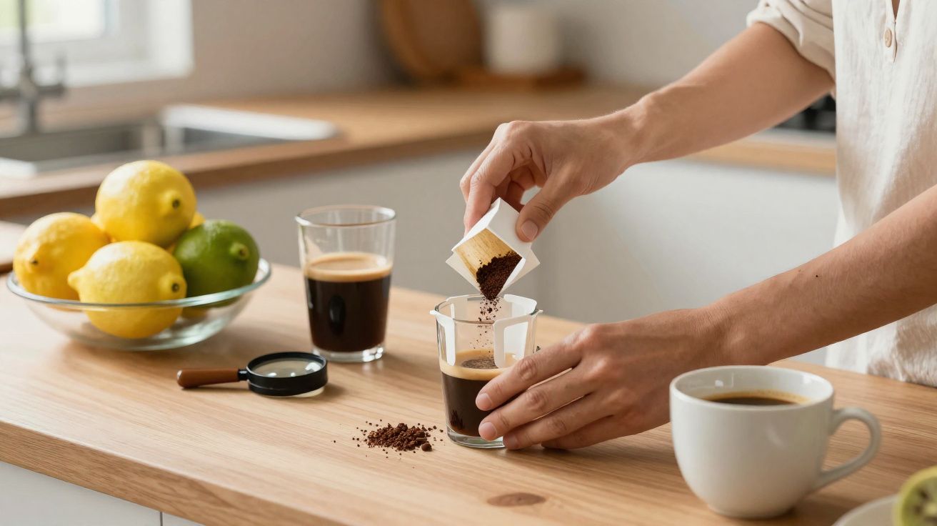 Pessoa a deitar café solúvel em copo com café na cozinha, com limões num prato e duas chávenas perto.