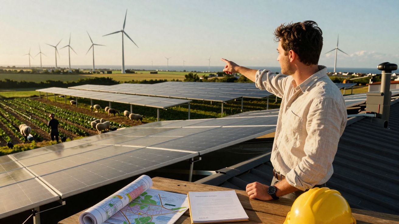 Homem aponta para turbinas eólicas numa quinta com painéis solares e plantas cultivadas ao pôr do sol.
