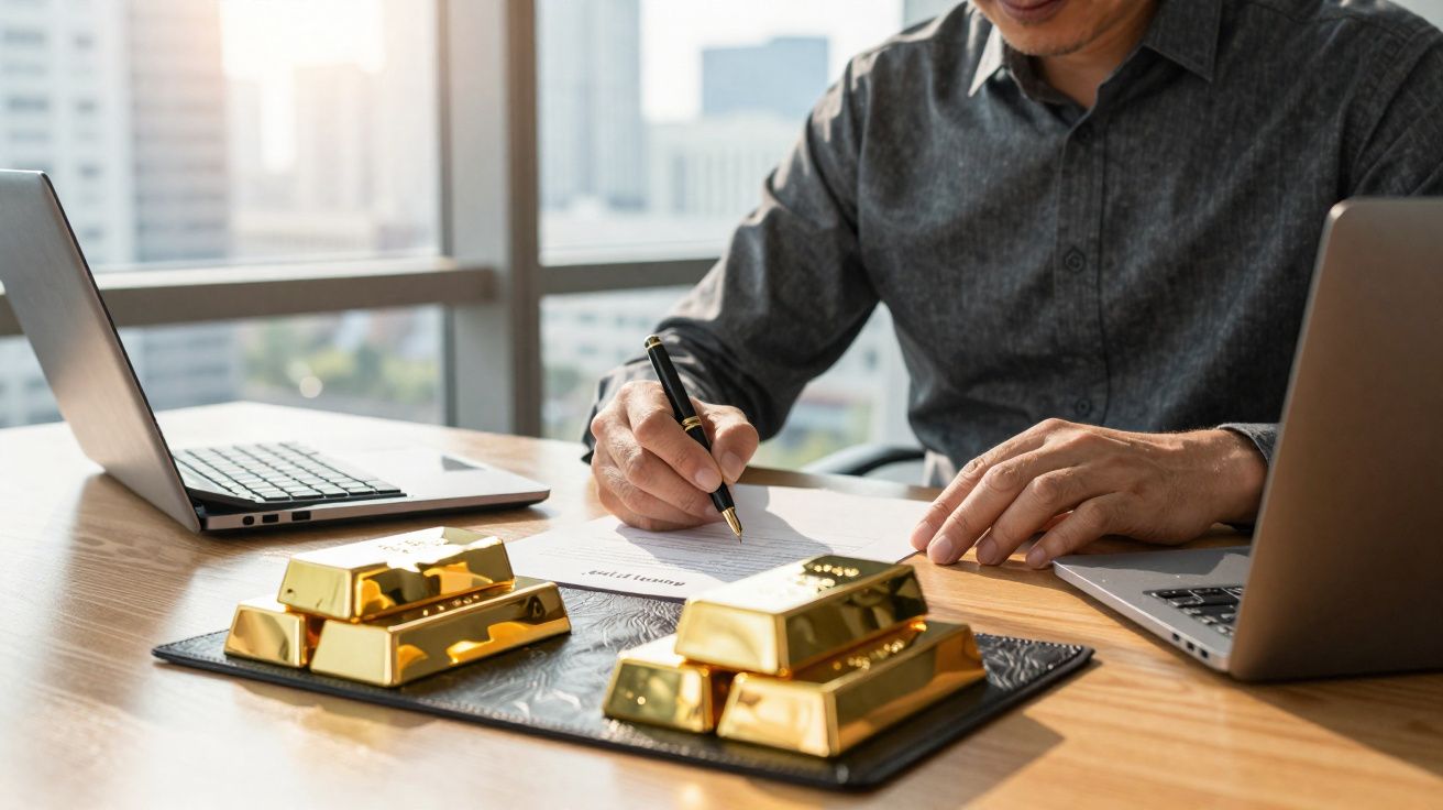 Pessoa a assinar documento numa mesa com dois computadores portáteis e barras de ouro sobre um tabuleiro preto.