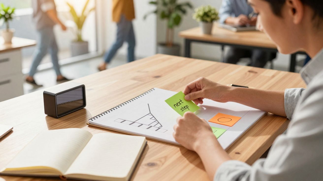 Pessoa a escrever num post-it "next step" junto a gráficos sobre uma mesa de escritório.