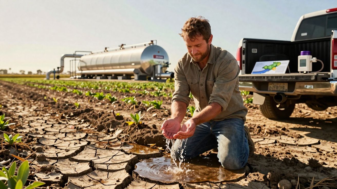 Homem ajoelhado em campo agrícola seco a recolher água numa poça, com camião e tanque ao fundo.