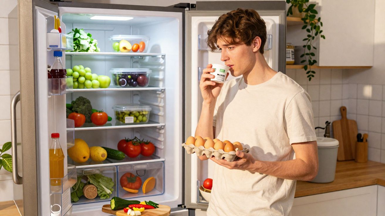 Homem a segurar caixa de ovos e a beber iogurte em cozinha com frigorífico aberto cheio de frutas e legumes.