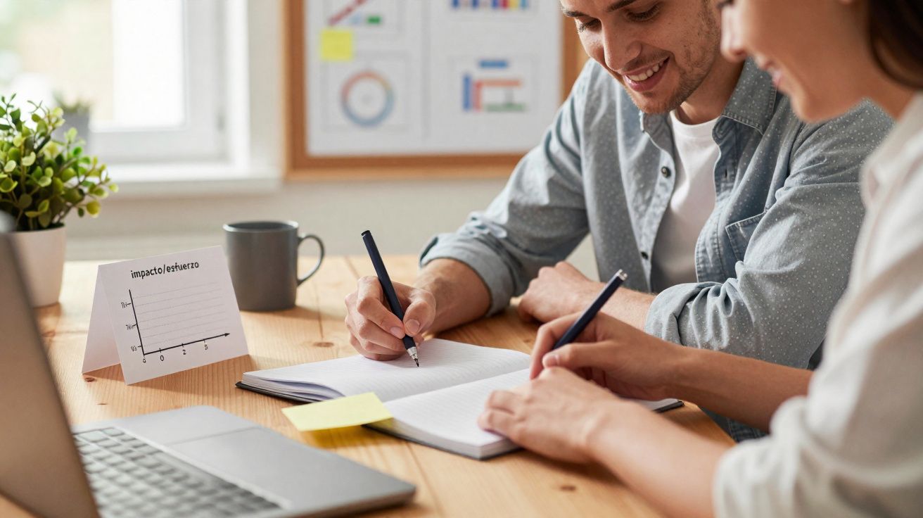 Duas pessoas a colaborar e escrever notas numa mesa de escritório com computador e gráfico presente.