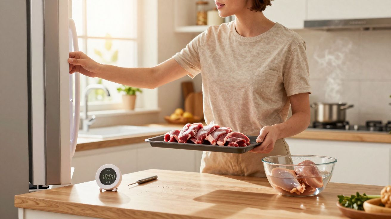 Pessoa a colocar tabuleiro com carne num frigorífico na cozinha luminosa e moderna.