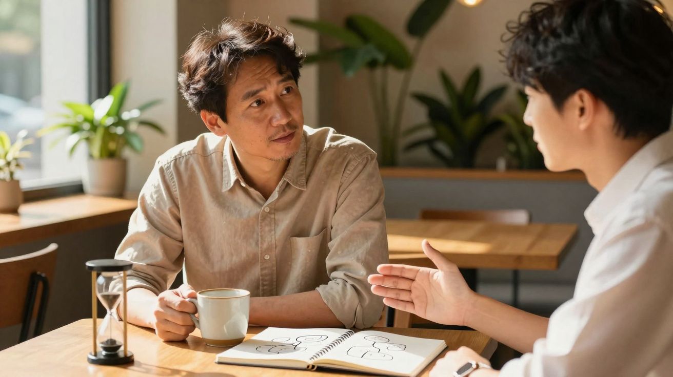 Duas pessoas sentadas numa mesa a conversar, com caderno aberto e chávena à frente num ambiente luminoso.