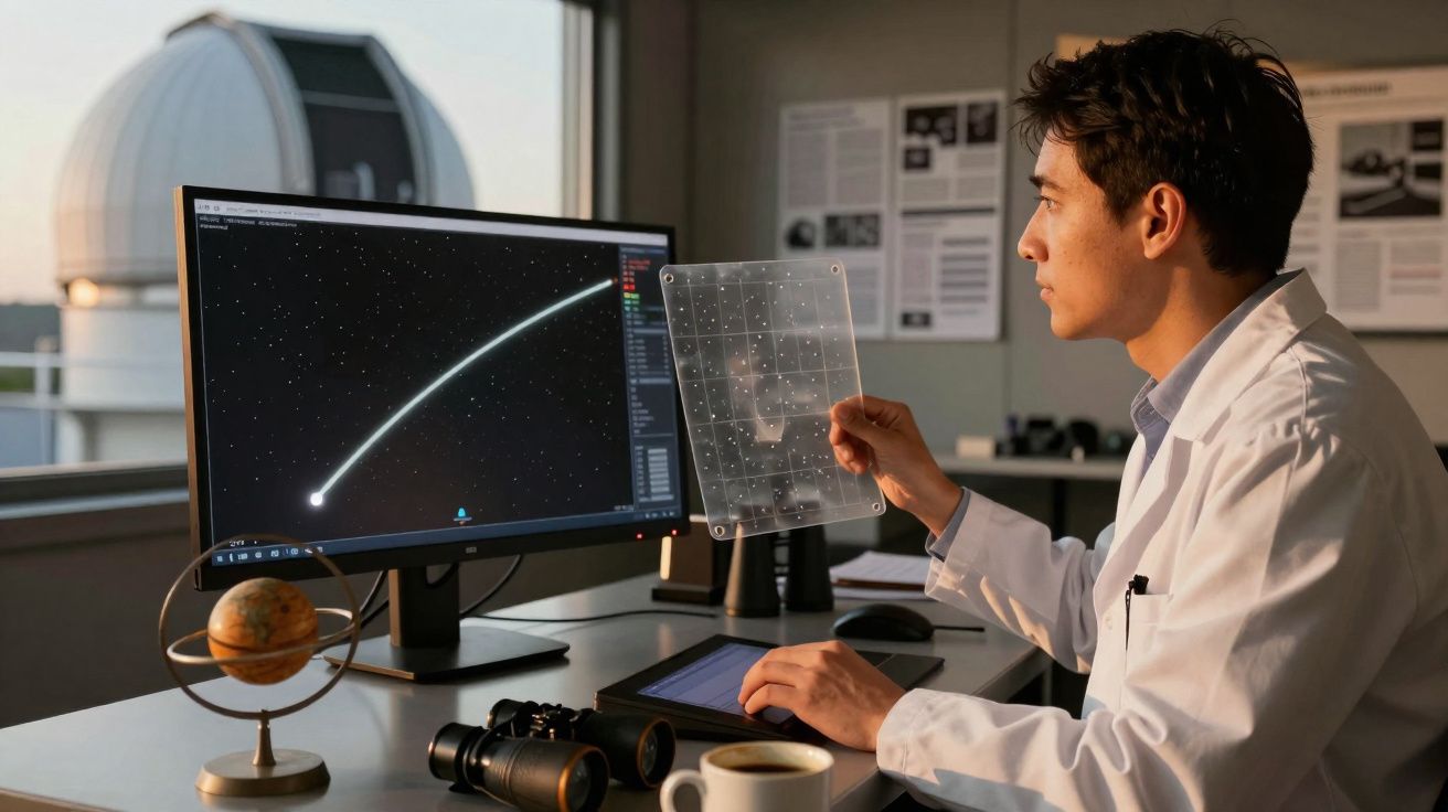 Homem com bata branca estuda trajetória de asteroide num ecrã num escritório com telescópio ao fundo.