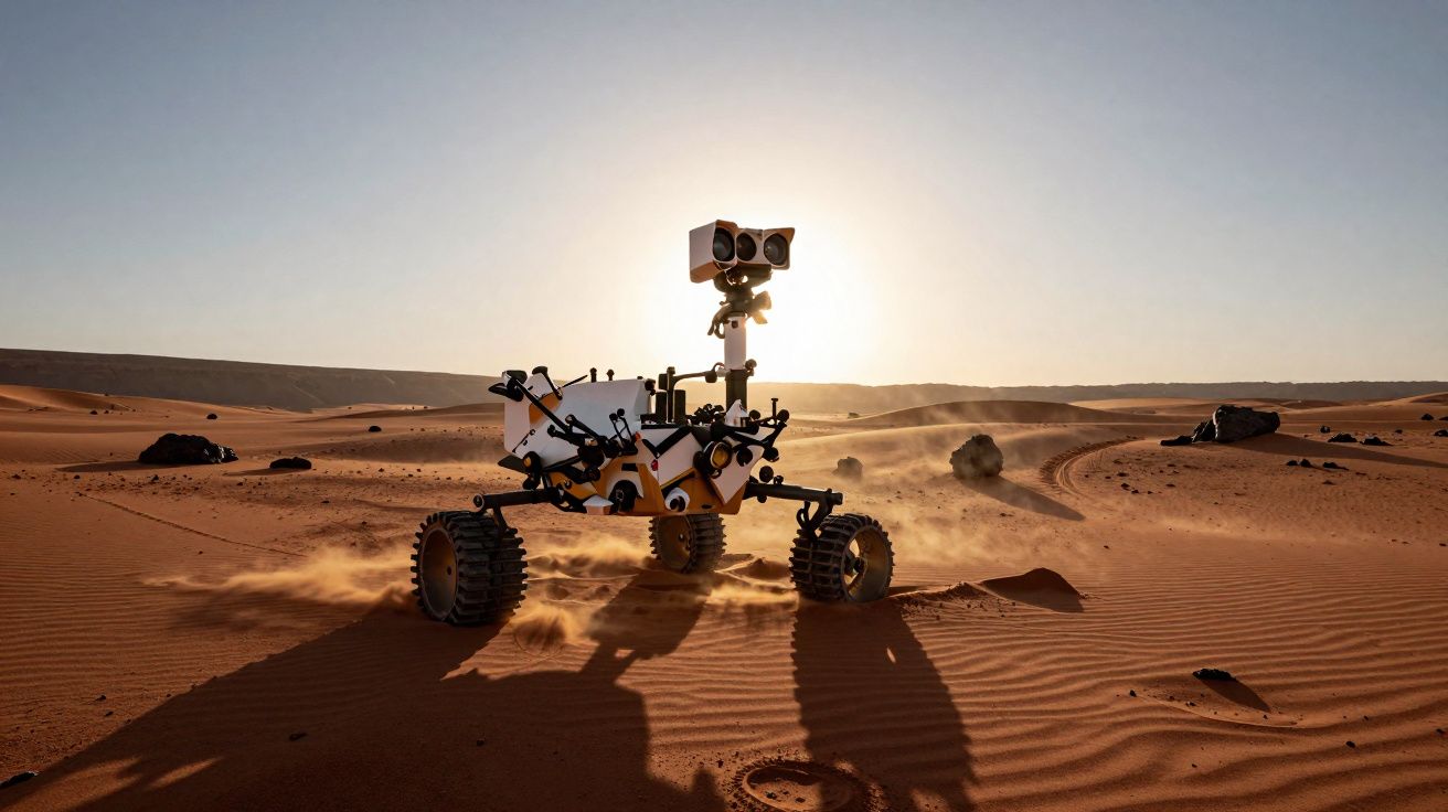 Rover a explorar dunas e areia vermelha sob luz solar intensa num ambiente desértico marciano.