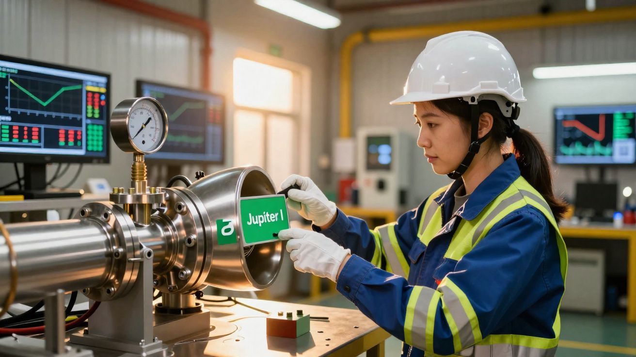 Mulher com capacete e uniforme de segurança a trabalhar em equipamento industrial com telas de monitorização ao fundo.