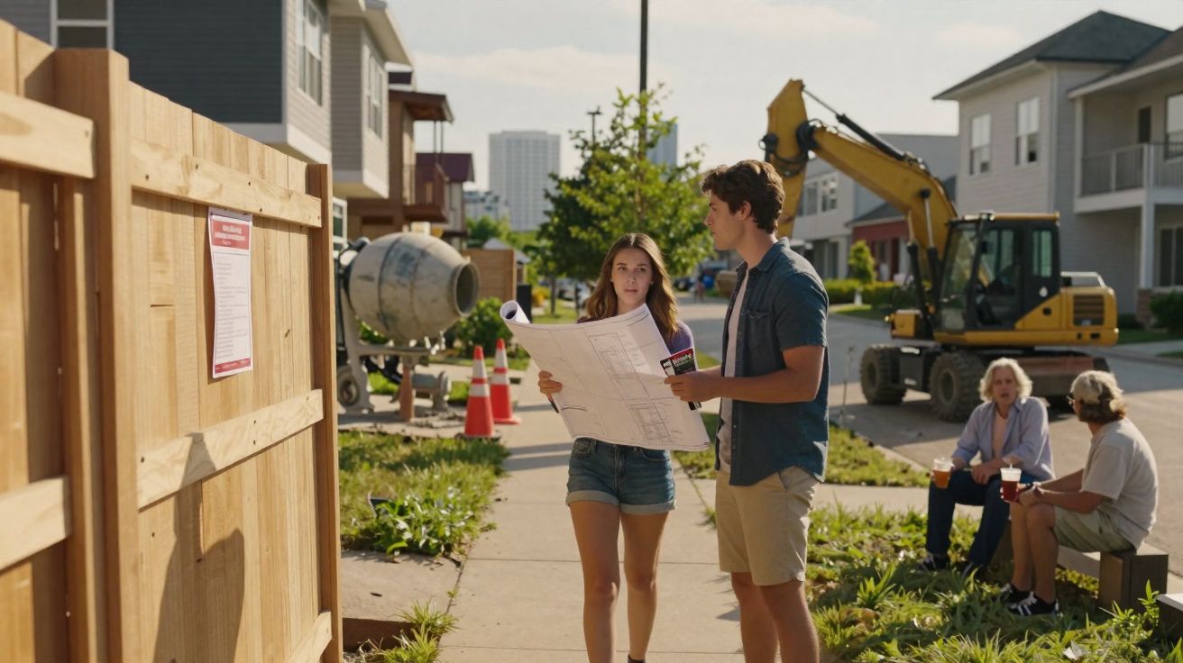Jovens a analisar plantas de uma casa em construção, com maquinaria e outras pessoas sentadas no parque.