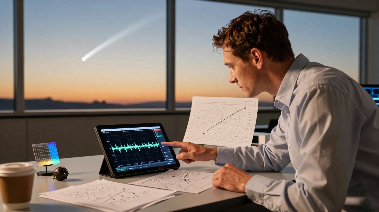 Homem analisa dados num tablet e gráficos num papel, com céu ao pôr do sol visível pela janela.