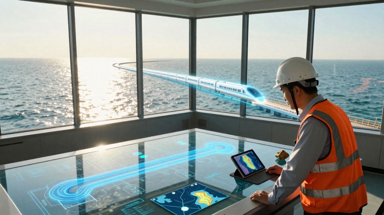 Engenheiro em colete e capacete analisa maquete digital interativa de comboio de alta velocidade junto ao mar.