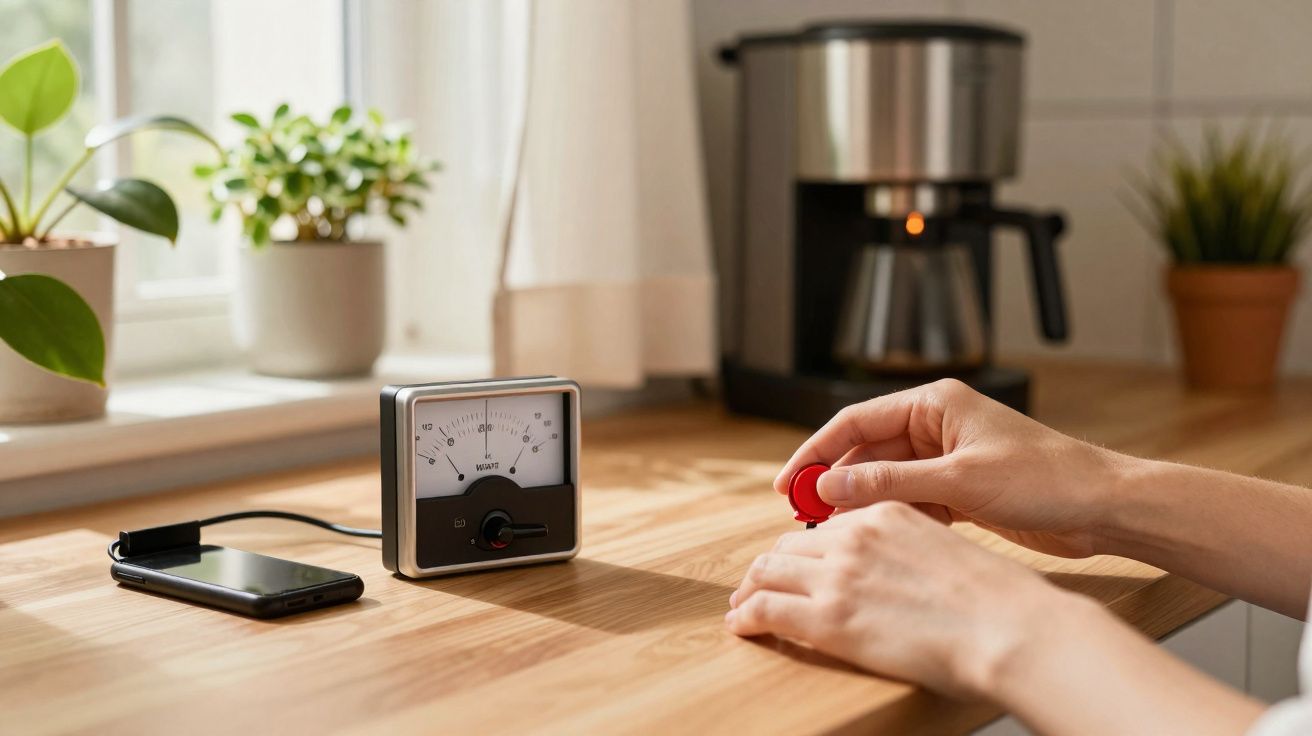 Pessoas a testar fones de ouvido com aparelho medidor num balcão de cozinha bem iluminado.