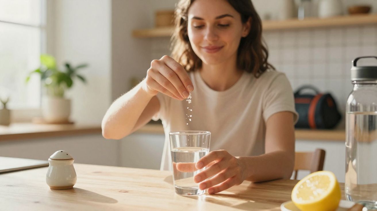 Mulher jovem a temperar água num copo com sal numa cozinha luminosa e moderna.