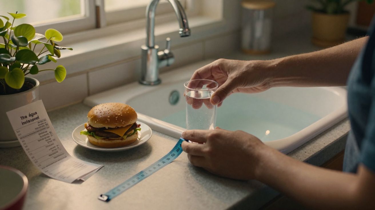 Pessoa a medir um copo de água junto a um hambúrguer num balcão de cozinha.