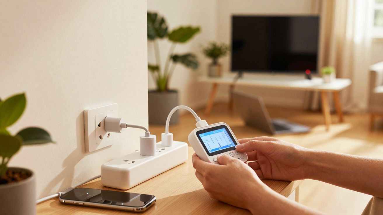 Pessoa a usar monitor cardíaco portátil com eletrodos, telefone e TV em fundo desfocado numa sala.