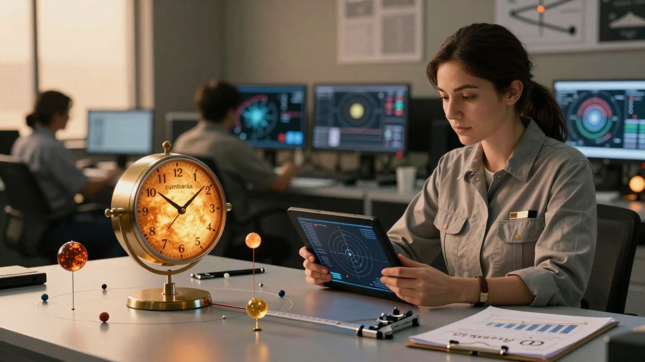 Mulher a usar tablet numa mesa com modelo do sistema solar e relógio, em sala com computadores e pessoas.
