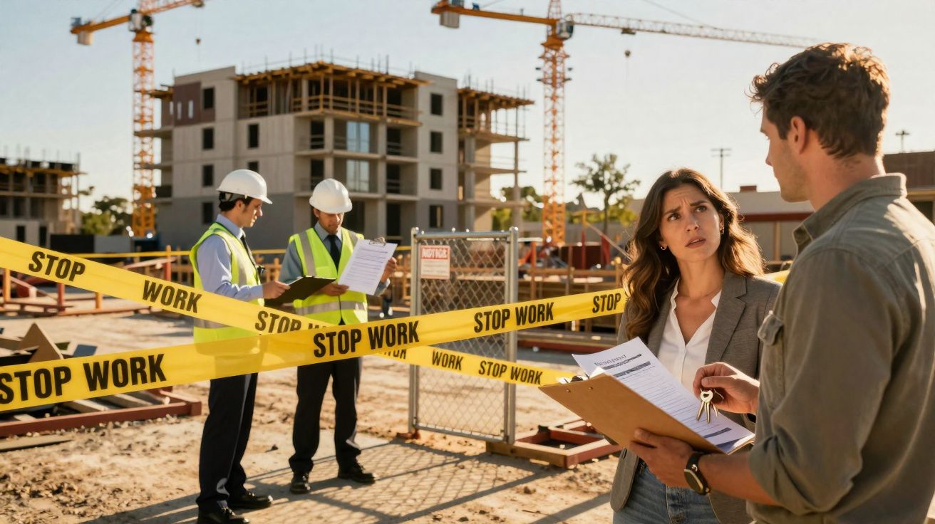 Obra de construção interditada com profissionais a discutir documentos e sinais de "Stop Work".