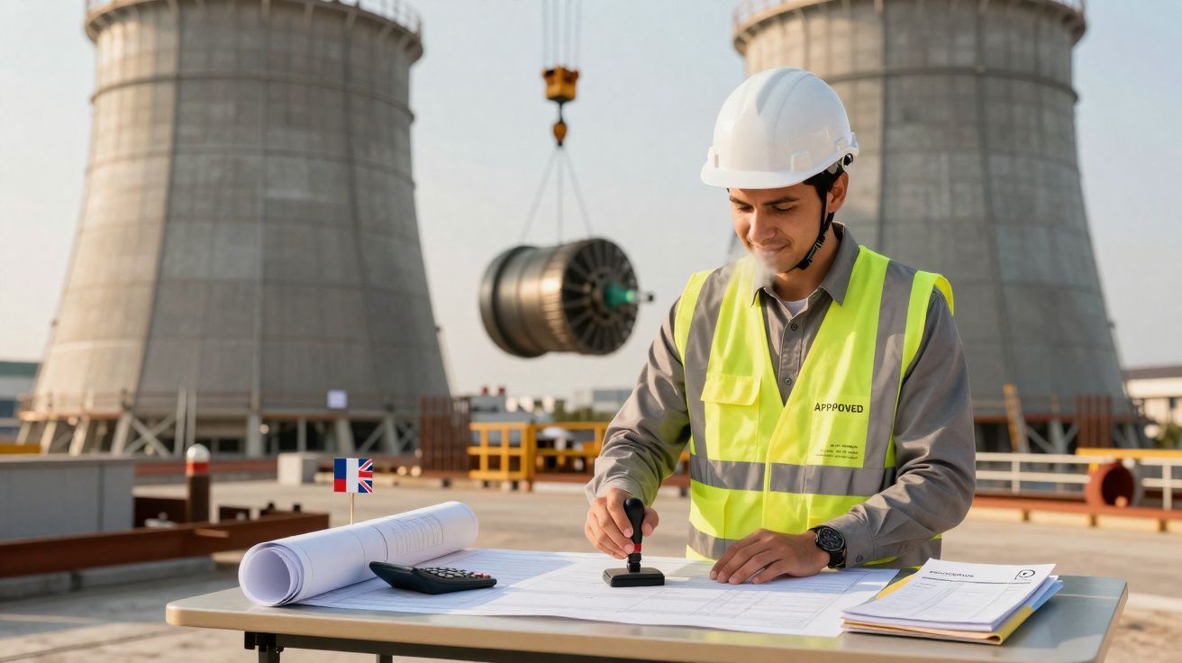 Engenheiro em colete refletor e capacete aprova documentos em obra industrial com torres de arrefecimento ao fundo.