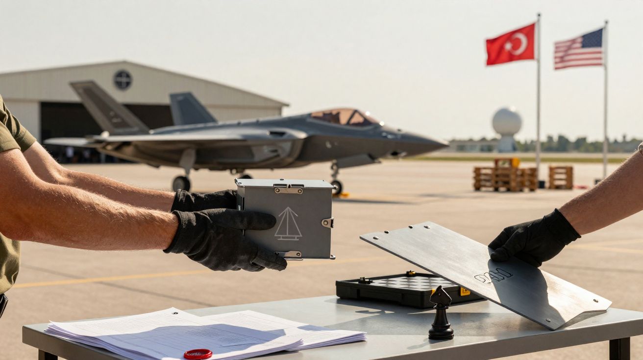 Pessoal militar a manusear equipamento num aeroporto com caça F-35 e bandeiras da Turquia e EUA ao fundo.