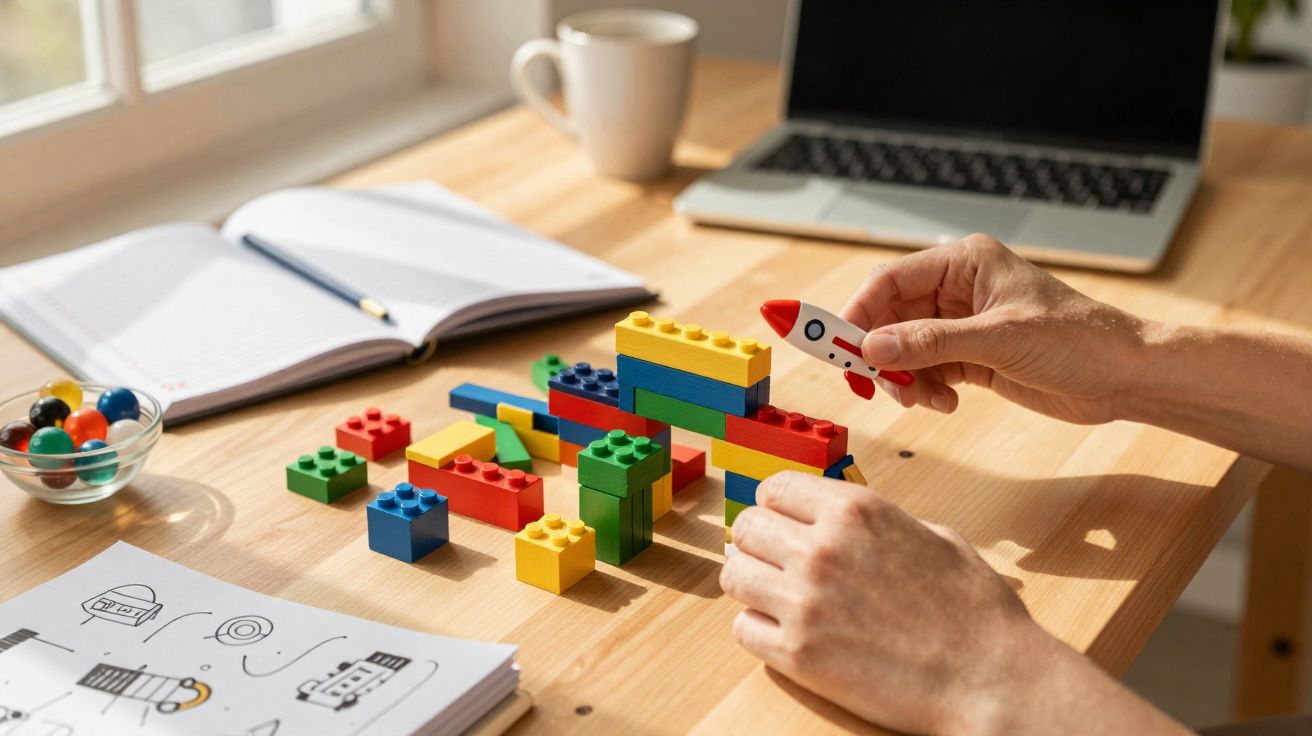 Mesa com blocos de montar coloridos, mãos a segurar foguete de brinquedo, caderno, computador e caneca branca.