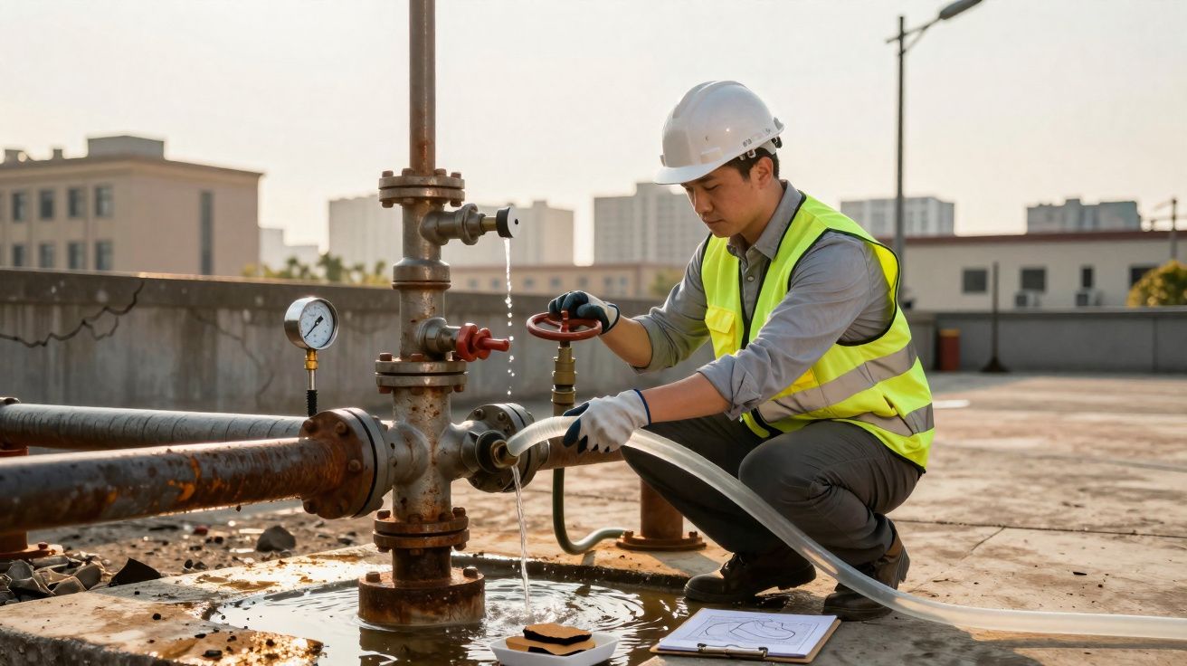 Técnico de segurança com capacete e colete amarelo verifica regulação de válvula numa instalação industrial de canalização.