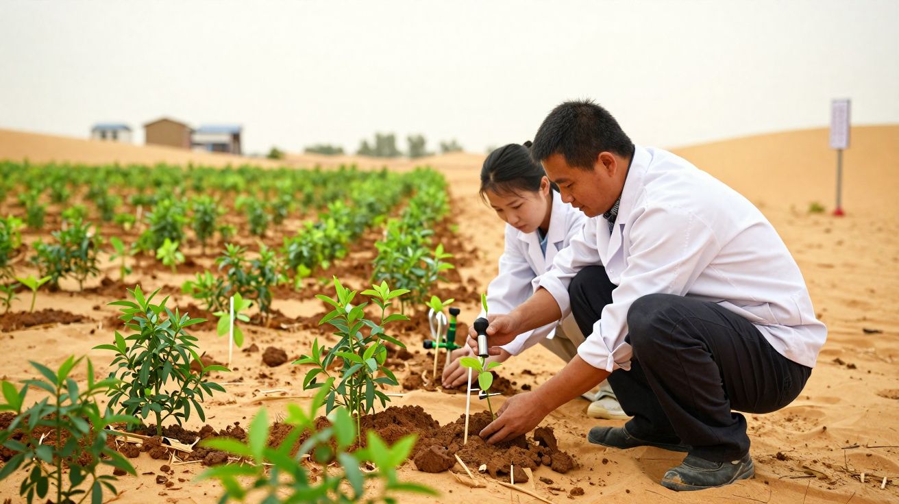 Dois cientistas em bata branca analisam plantas jovens num campo de areia.
