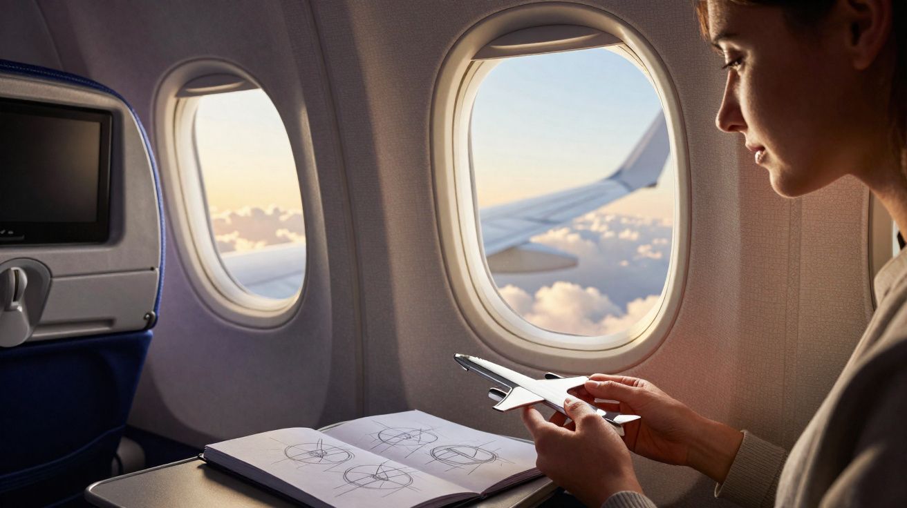 Mulher com maqueta de avião a contemplar a vista da janela durante voo comercial ao pôr do sol.