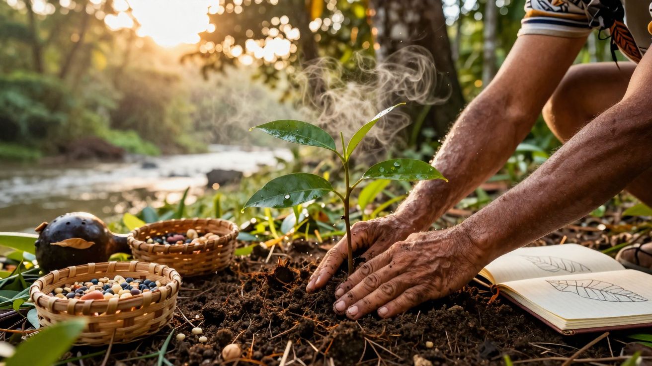 Mãos a plantar muda junto a cesto com sementes, caderno aberto e rio ao fundo ao pôr do sol.