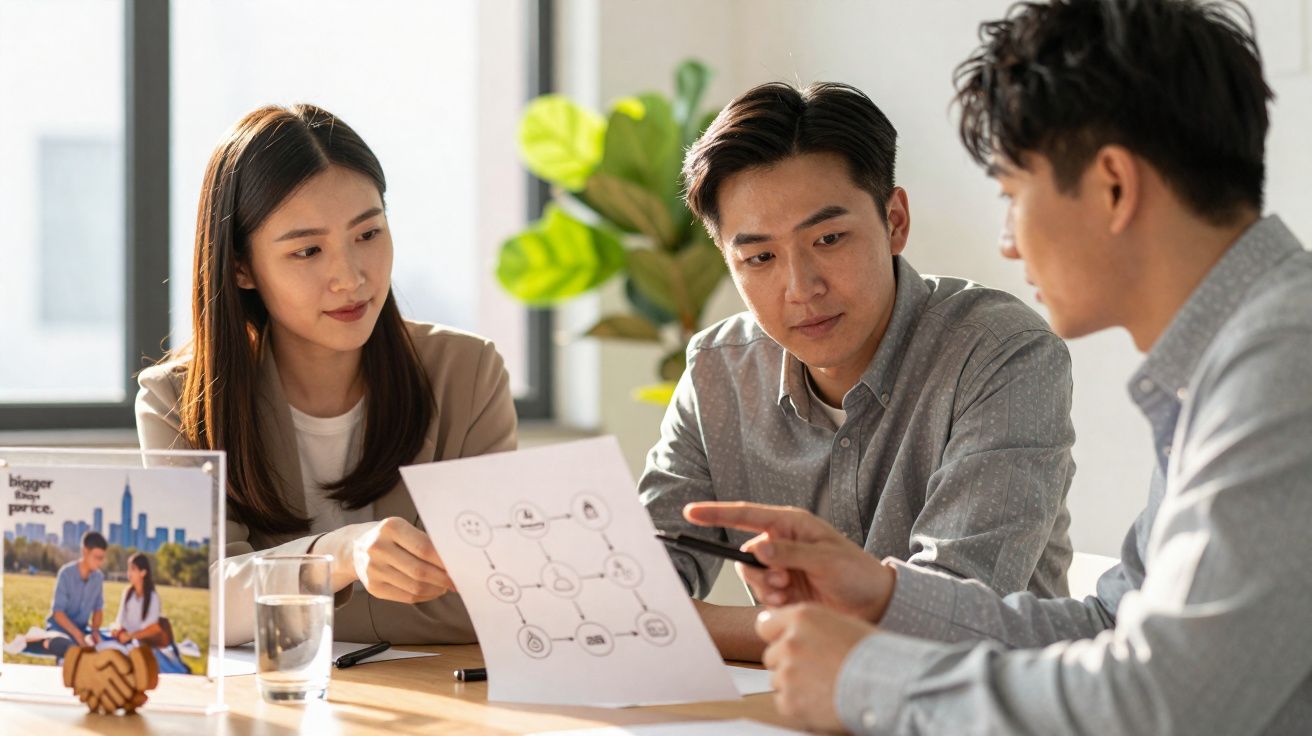 Três jovens profissionais asiáticos colaboram numa reunião, analisando um gráfico num ambiente de escritório moderno.