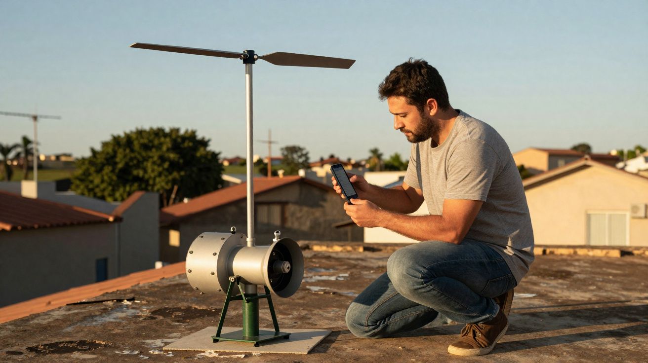 Homem ajoelhado num telhado a controlar um equipamento eólico portátil com o telemóvel.