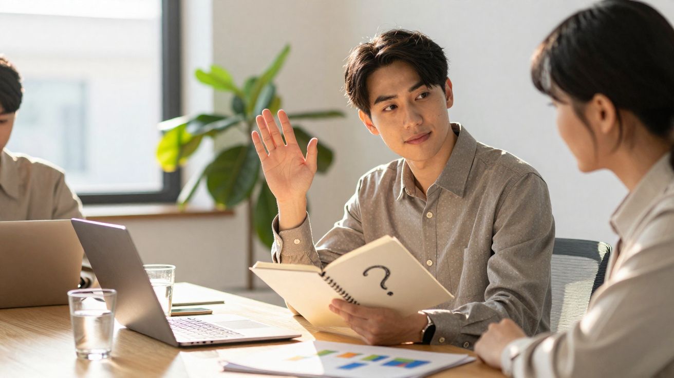 Homem levanta a mão durante reunião de trabalho enquanto segura caderno com ponto de interrogação.