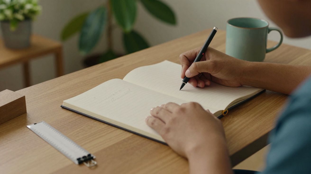Pessoa a escrever num caderno aberto com caneca verde e régua numa secretária de madeira.