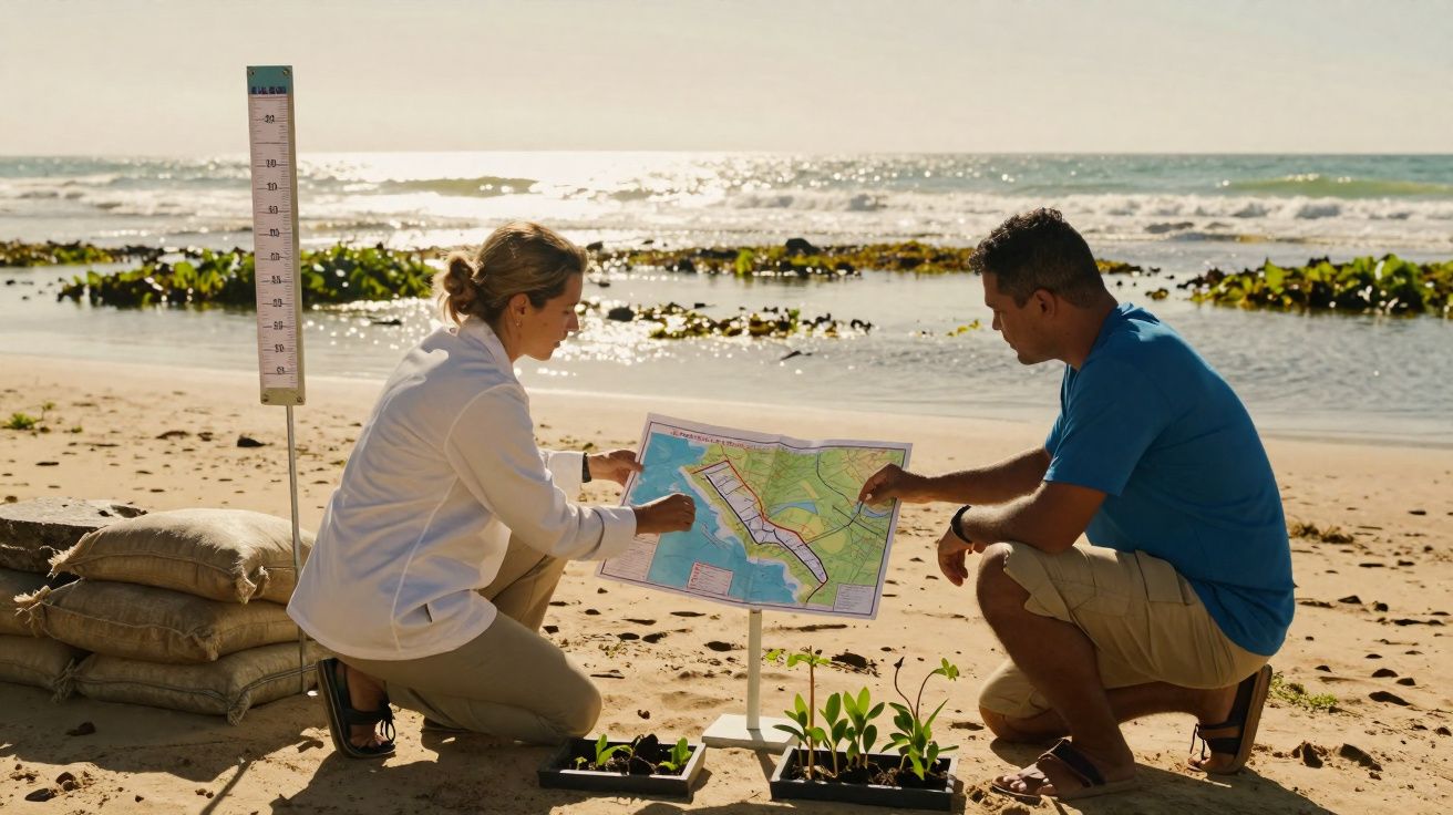 Duas pessoas discutem um mapa ambiental numa praia com plantas e bolsas de areia ao fundo.