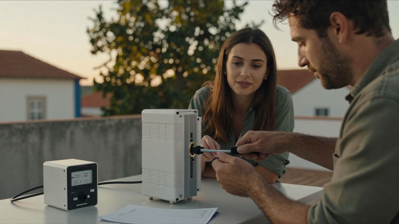Homem a manusear equipamento elétrico enquanto mulher observa atentamente num terraço.