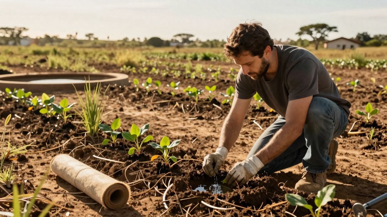 Homem ajoelhado a plantar mudas em terreno agrícola com luvas e ferramentas de jardinagem.