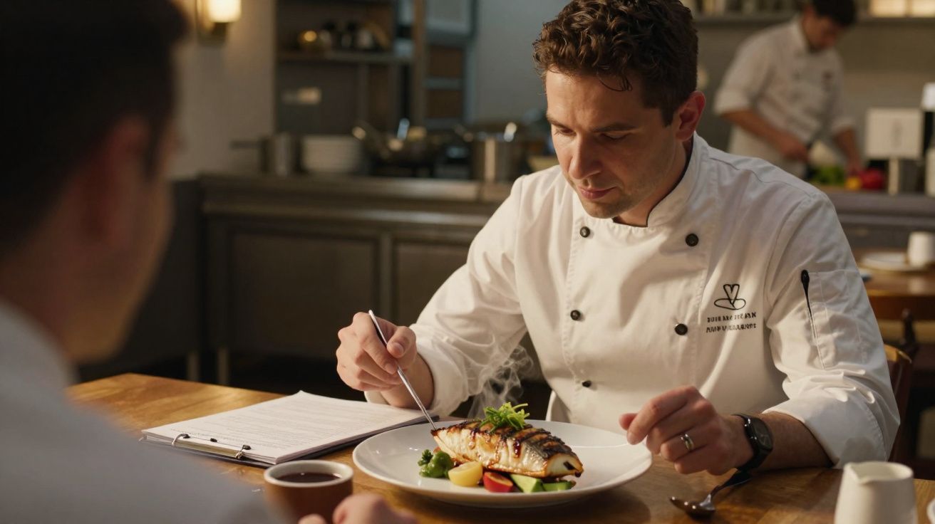 Chef a provar prato de peixe grelhado com legumes durante avaliação gastronómica.