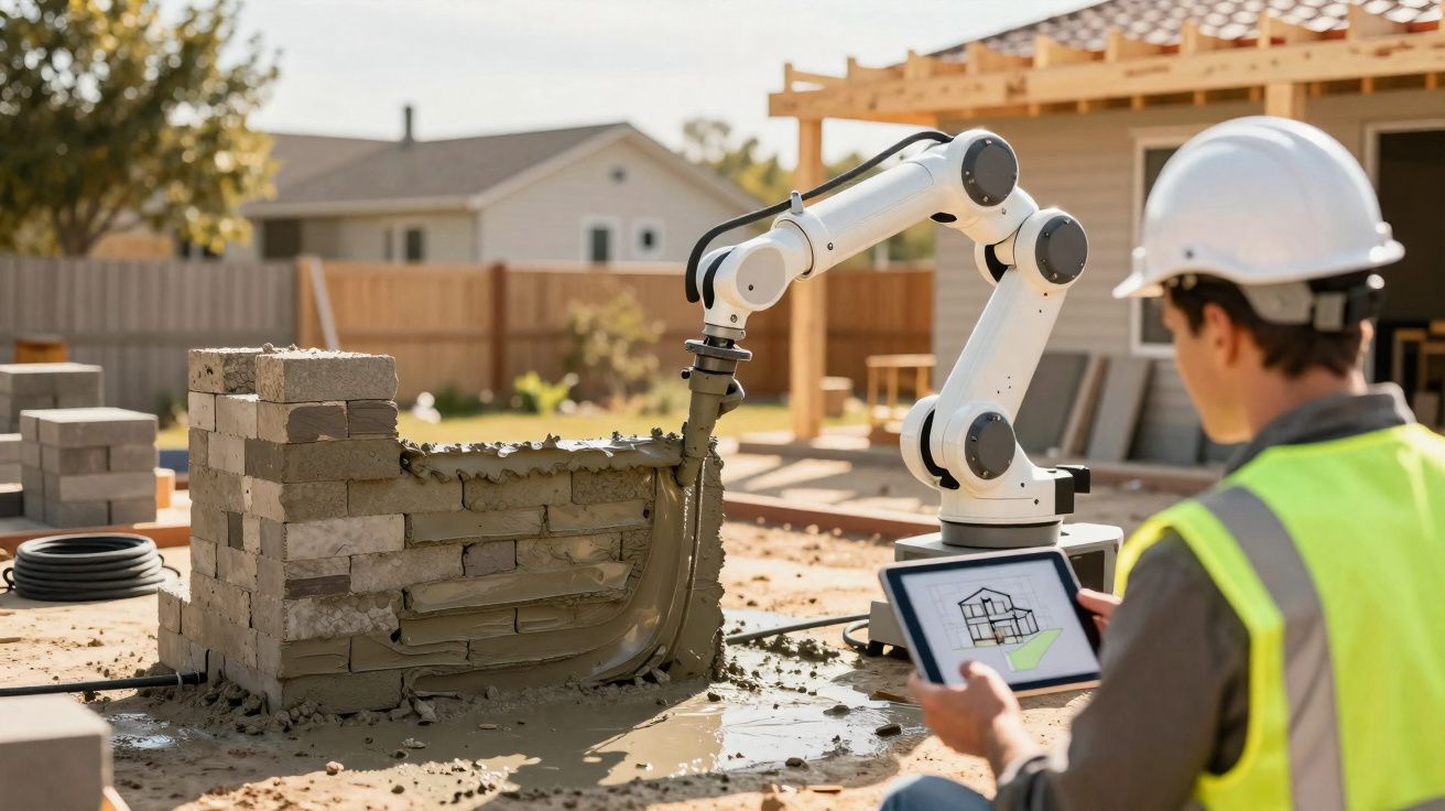 Robô de construção levanta parede de tijolos enquanto operário controla obra com tablet.