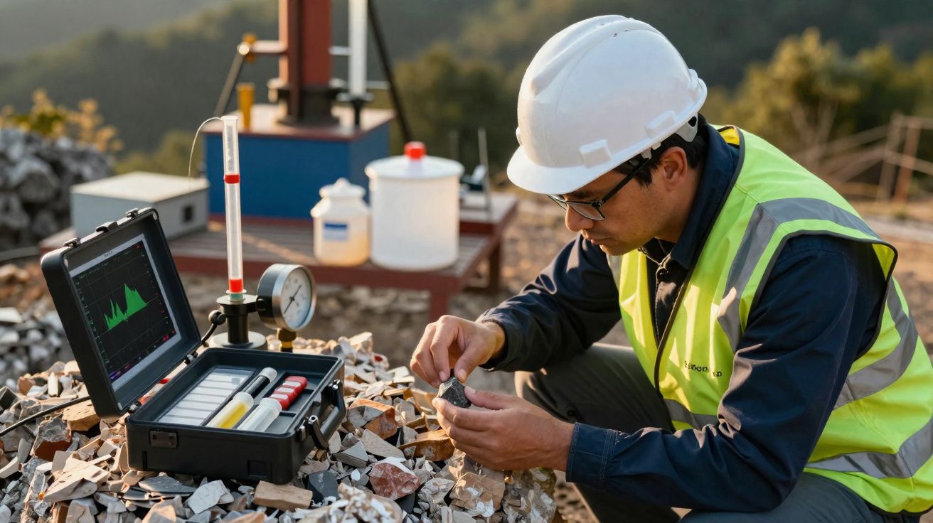Homem de capacete e colete reflete sobre análise de amostras rochosas em ambiente ao ar livre.