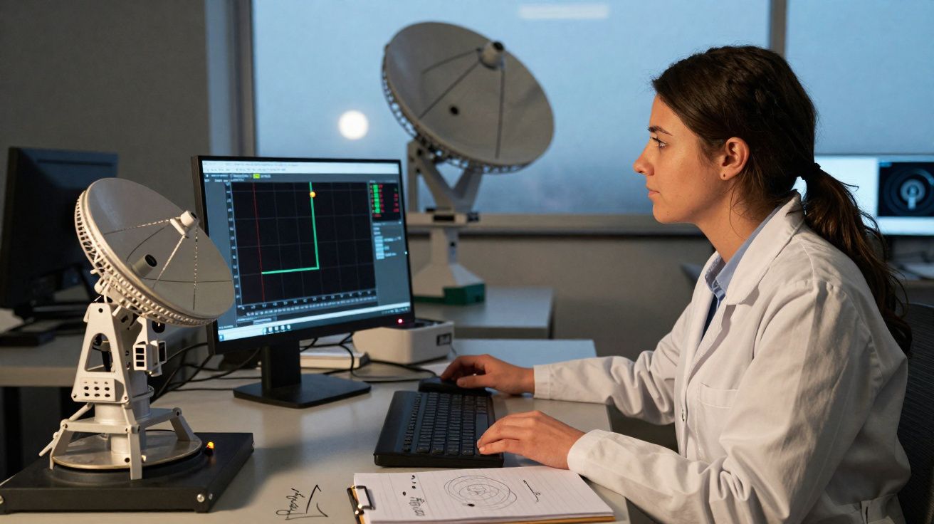Mulher em bata branca analisa dados de antenas parabólicas em laboratório com gráficos no ecrã do computador.