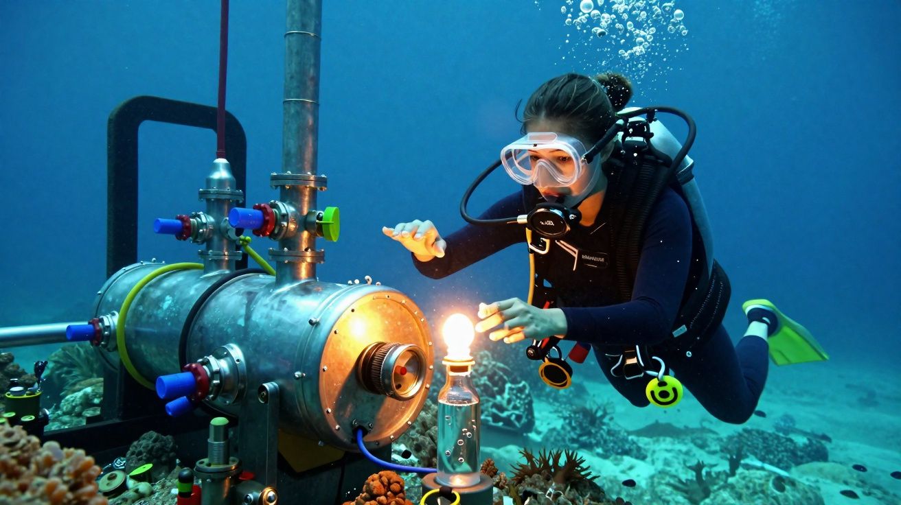Mergulhadora submarina a examinar um aparelho iluminado no fundo do mar.